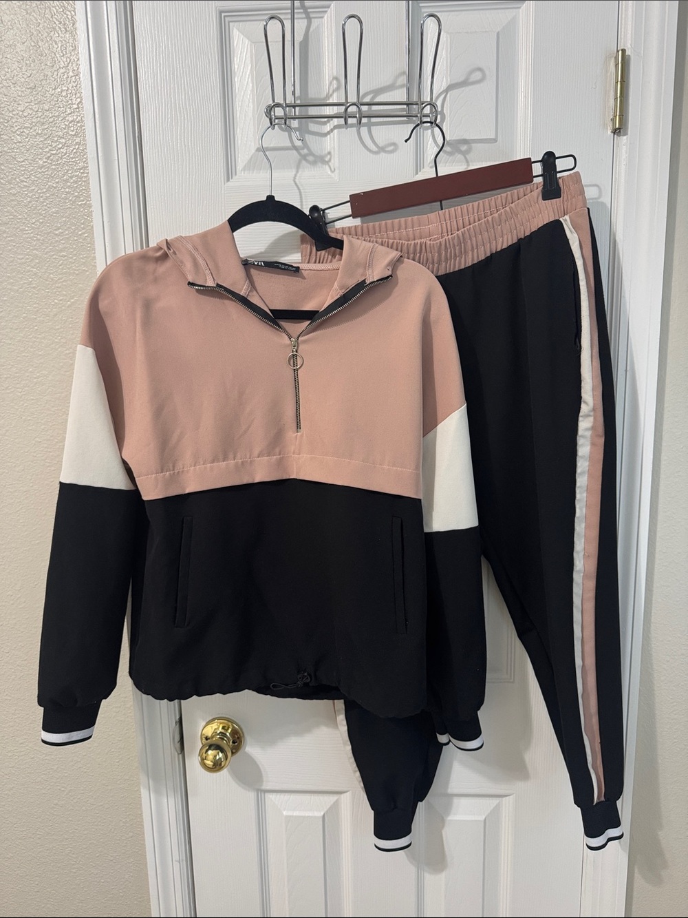Zara Pink and Black Colorblock Bomber Jacket & Joggers Set